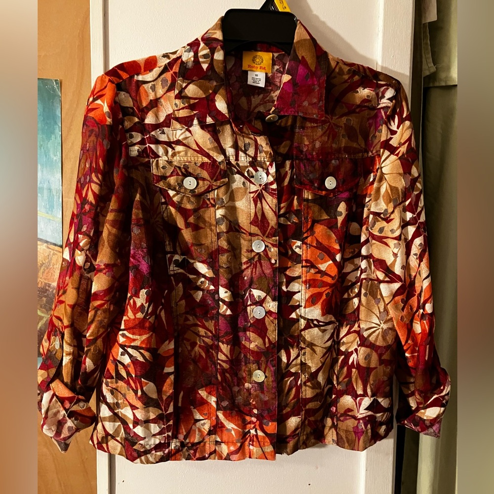 Ruby Rd. Multicolor Leaf-Print Burnout Jacket - image 1